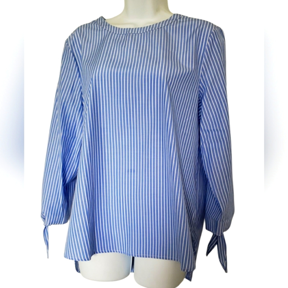 Blue And White Stripes Blouse Long Sleeves Top Size Medium Velvet Heart